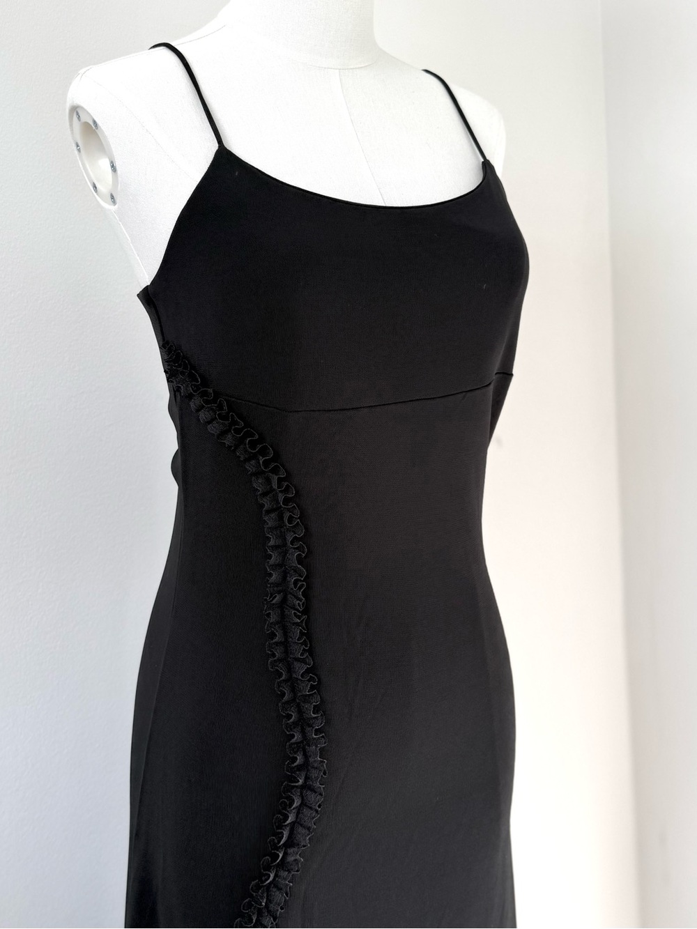 Y2K Black Spaghetti Strap Slip Dress with Ruffle Trim XS